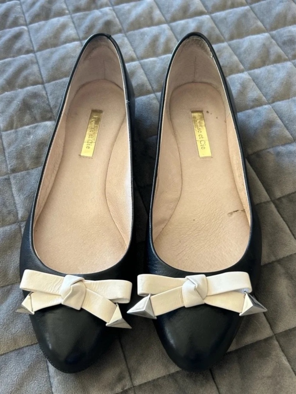 Louise et Cie Black Ballet Flats with Cream Bow & Silver Studs